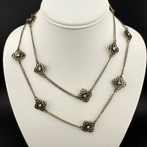 Premier Designs Long Strand Flower Necklace With Crystal Accents Brass And‎ Gold